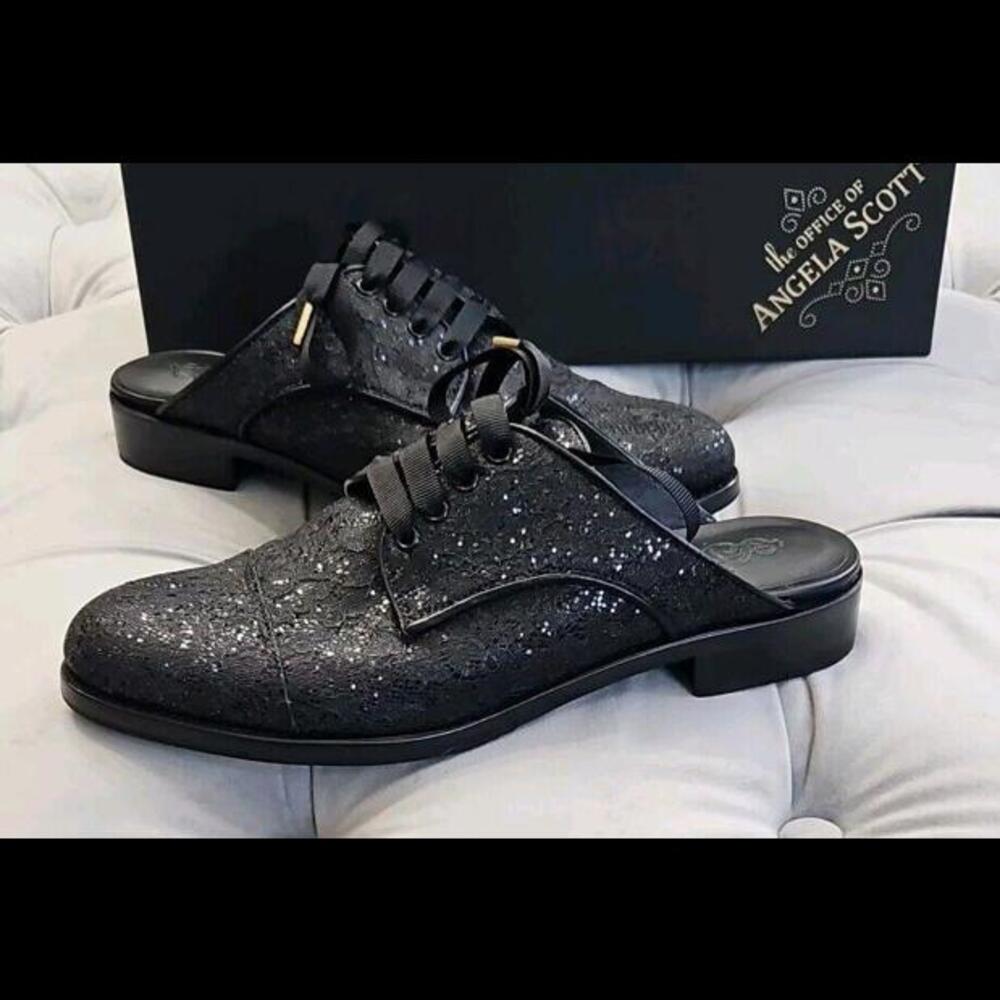 The Office of Angela Scott Mr. Winnie Black Slides Mule Oxford Womens Shoes 37.5